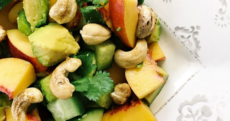 Peach salad with candied nuts – refined sugar free